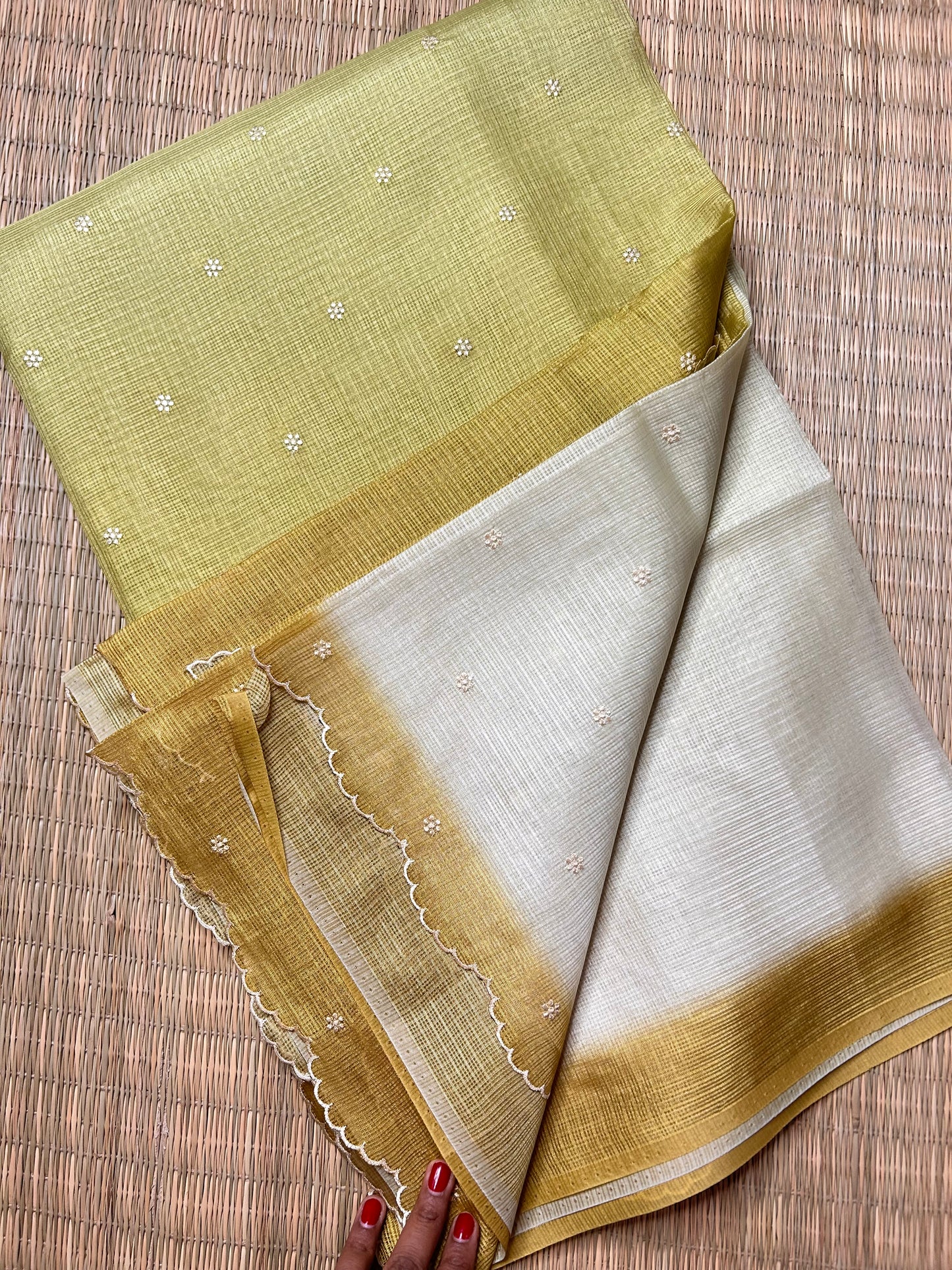Green & off-white Kota Doria saree