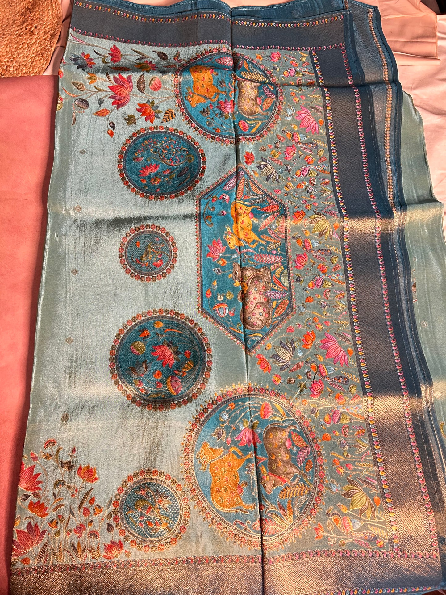 Blue tissue crepe pashmina saree