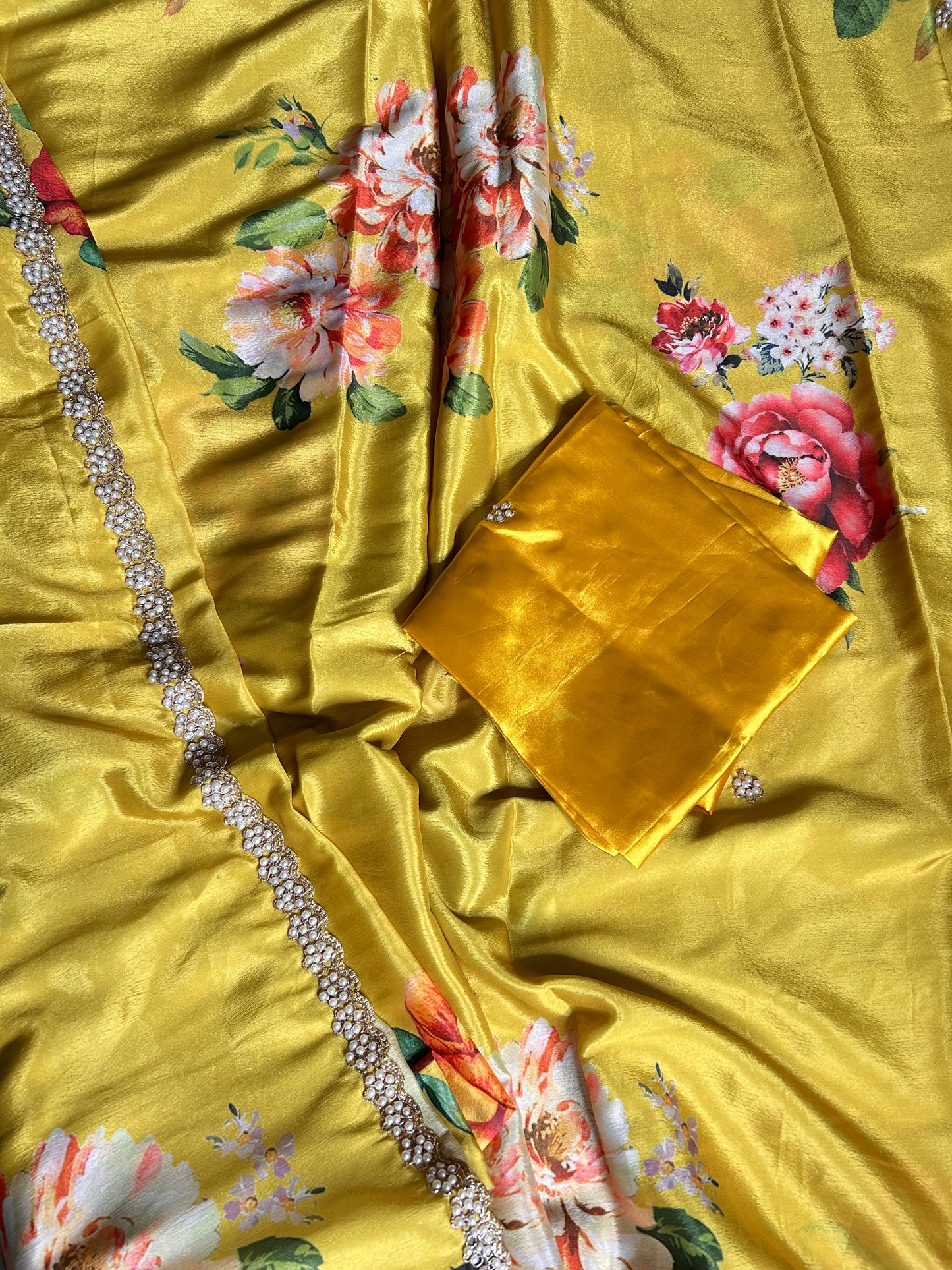 Yellow floral crepe saree