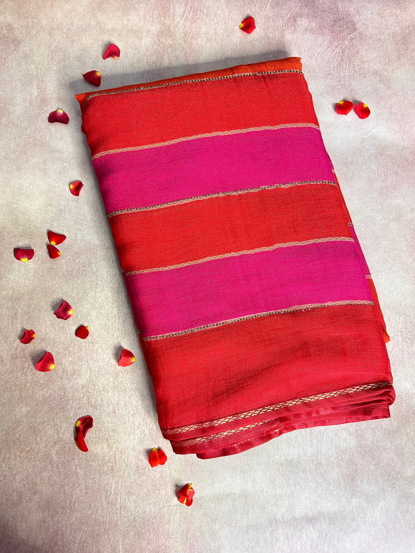 Pink-orange stripes crepe saree