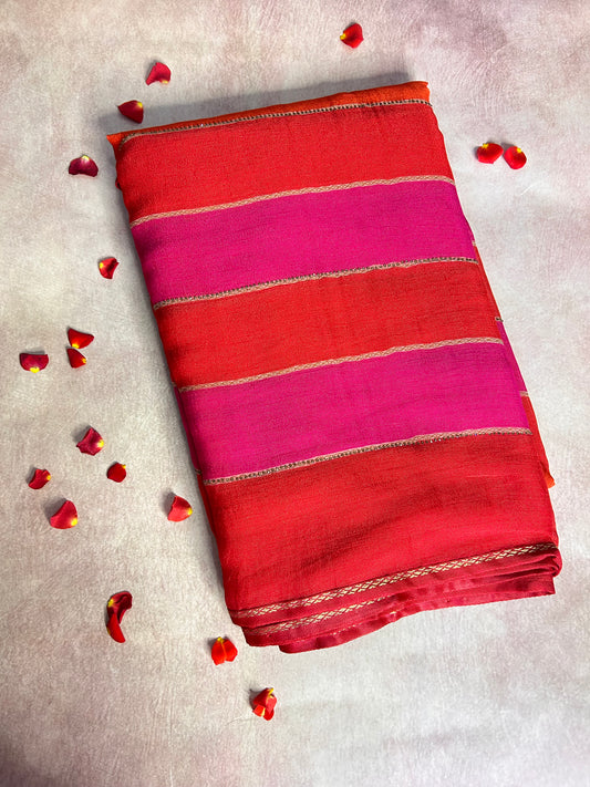 Pink-orange stripes crepe saree