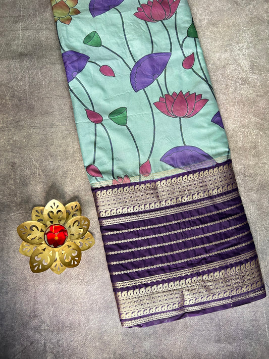 Blue kalamkari semi Mysore silk crepe saree