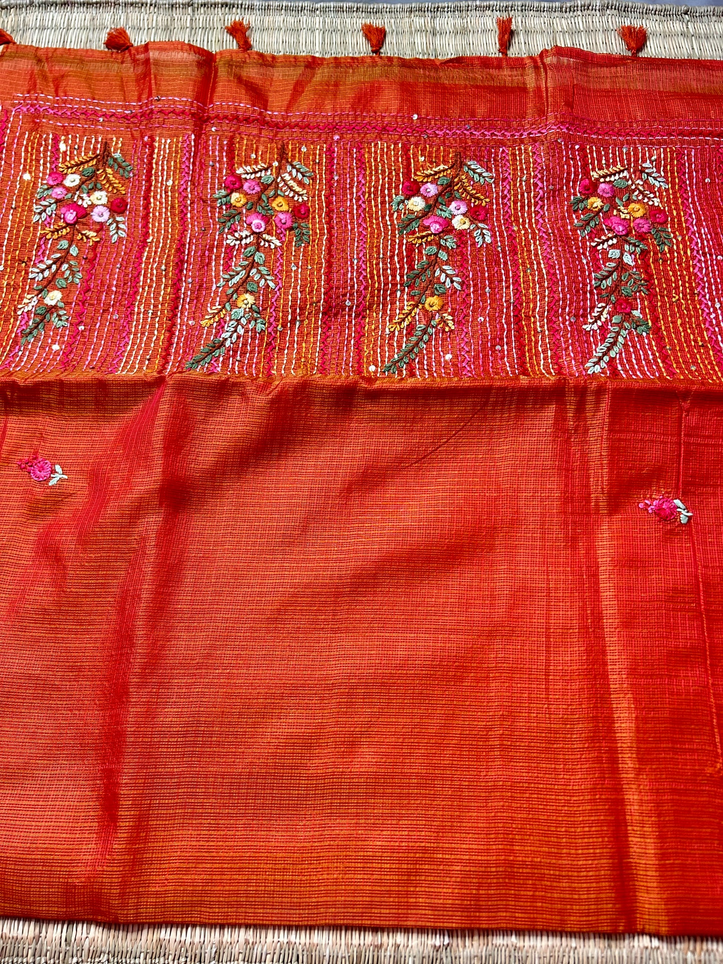 Orange Kota Doria saree with thread work