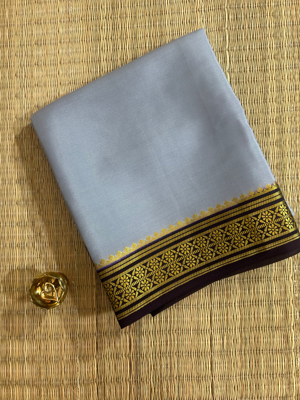 Blue-grey with brown border pure Mysore crepe silk saree