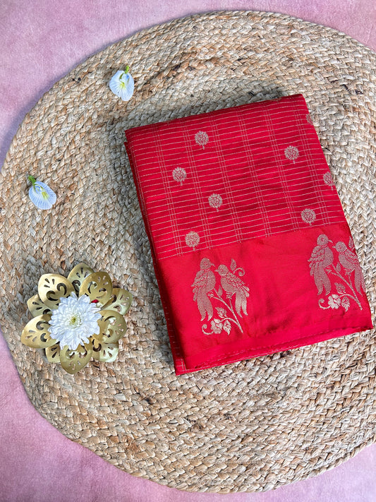 Red checks buttas crepe saree