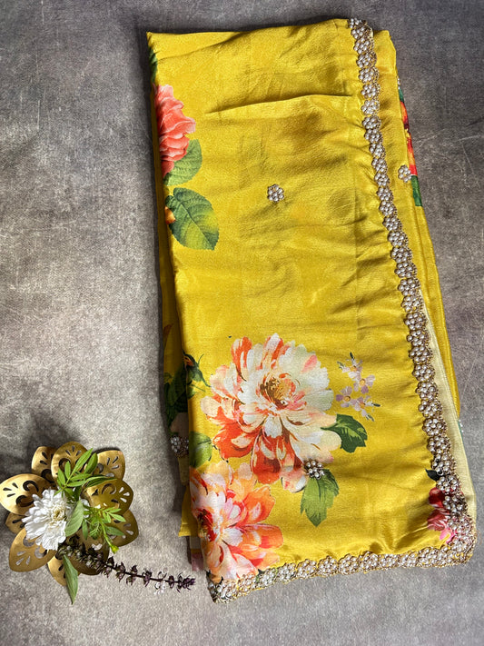 Yellow floral crepe saree
