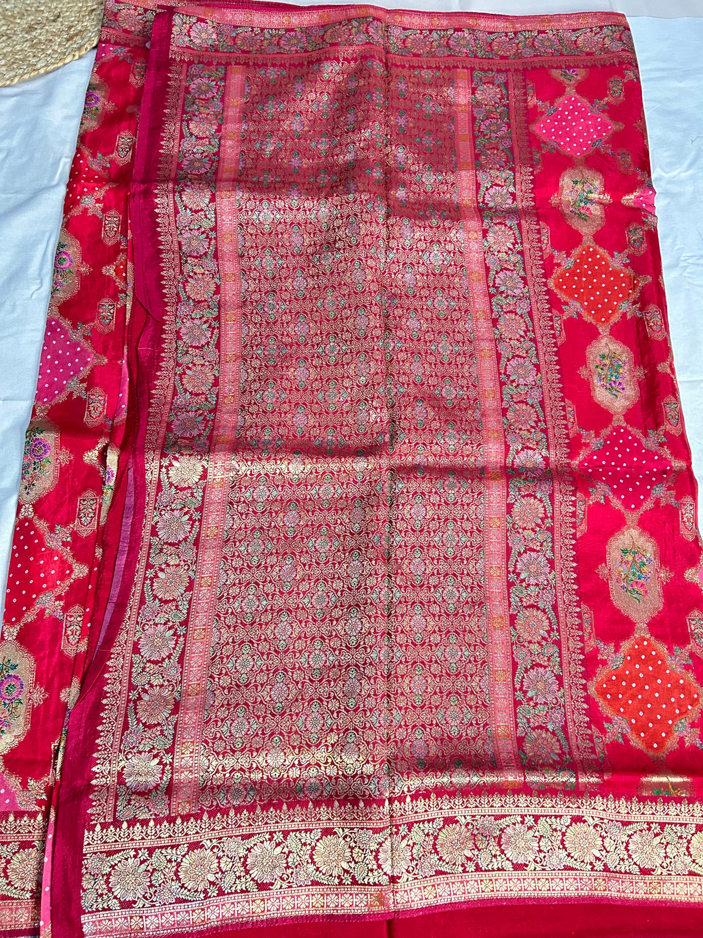 Reddish Pink satin crepe Banarasi saree