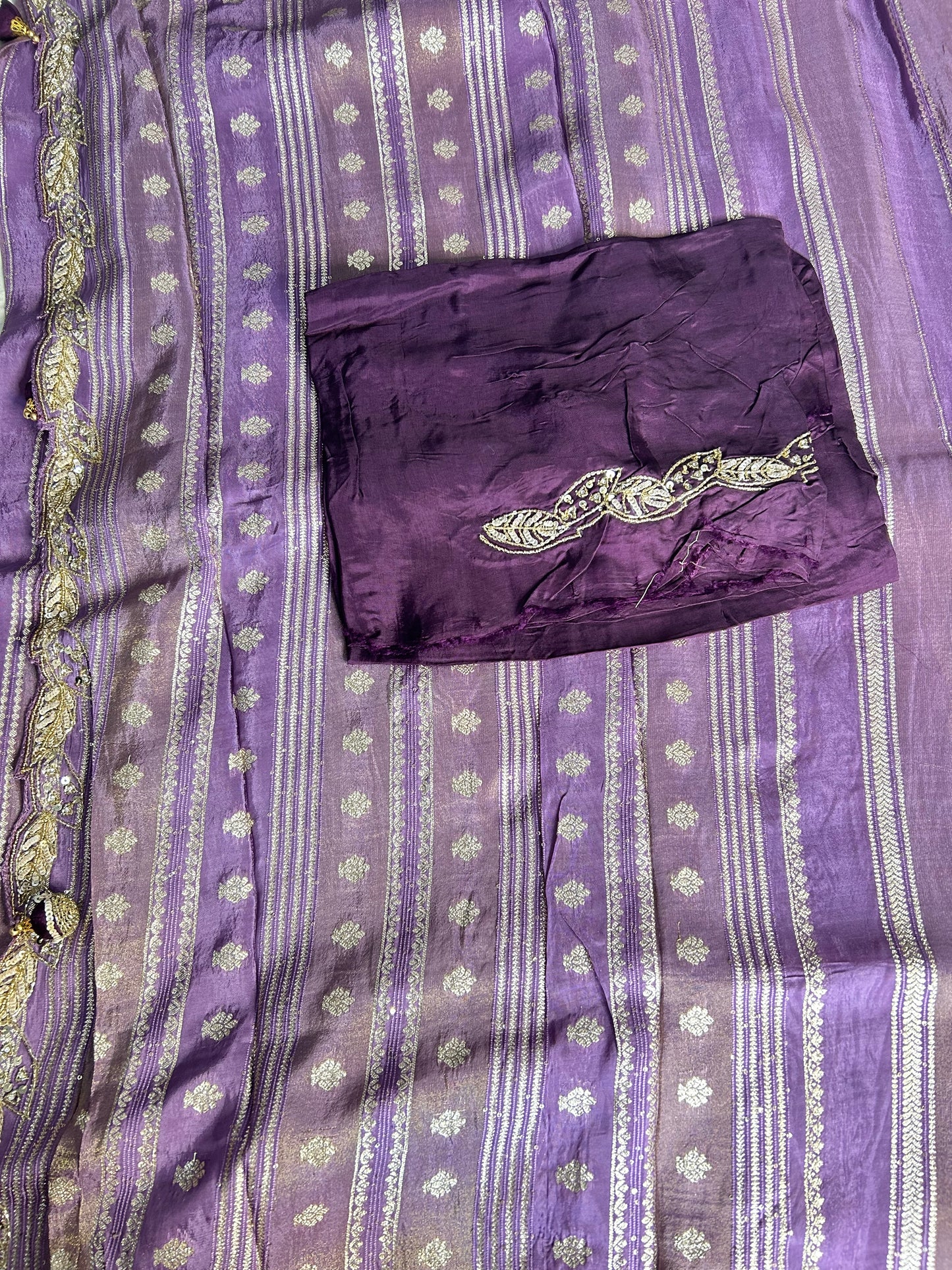 Lavender stripes chinon crepe saree