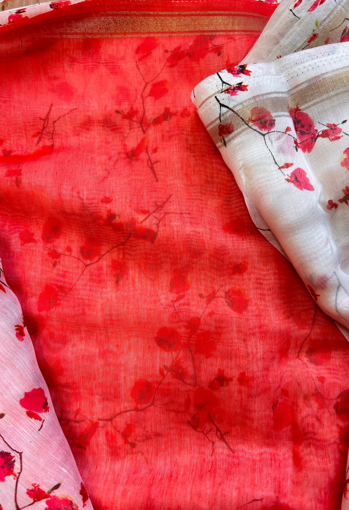white-red floral cotton silk saree
