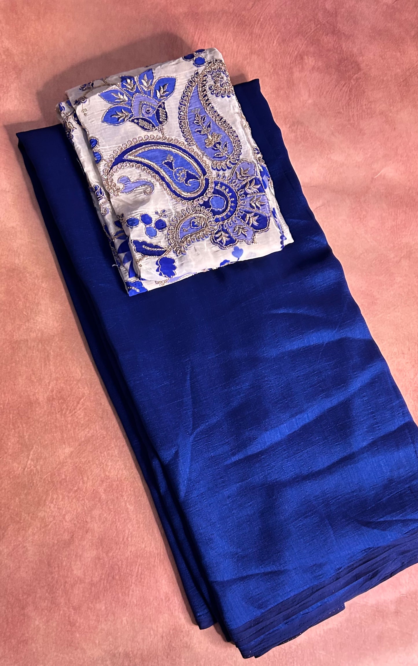Royal Blue plain Kashmiri silk saree