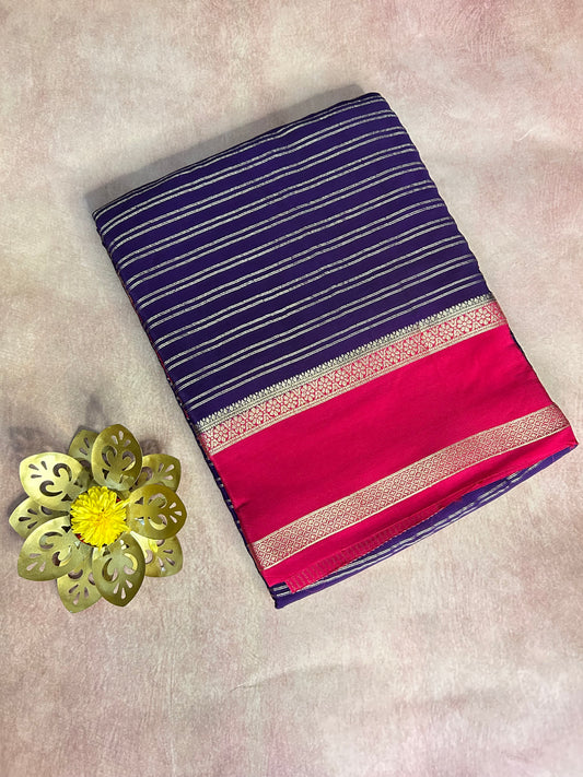 Purple double stripes chinon saree