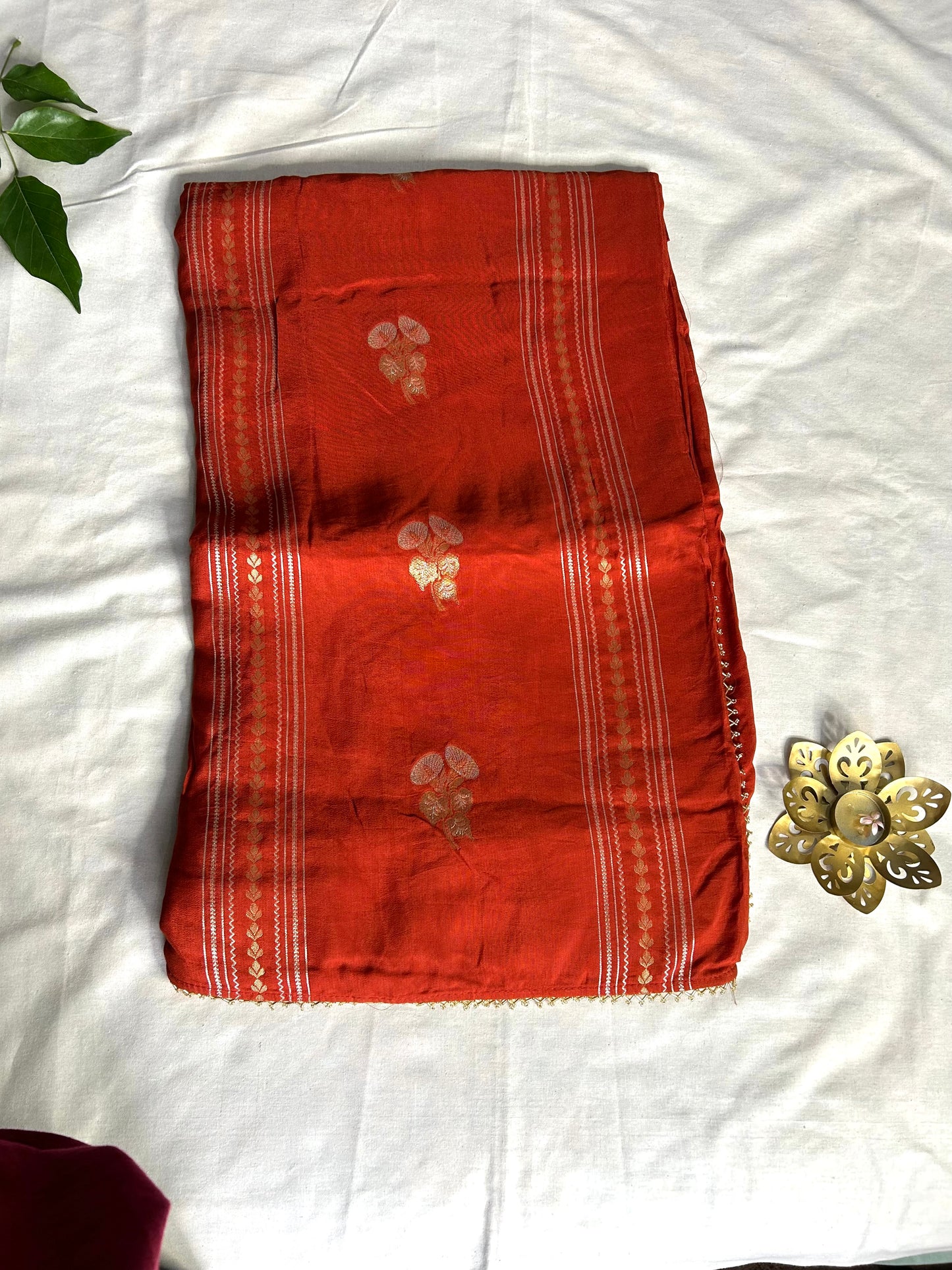 Rust orange chinon crepe saree