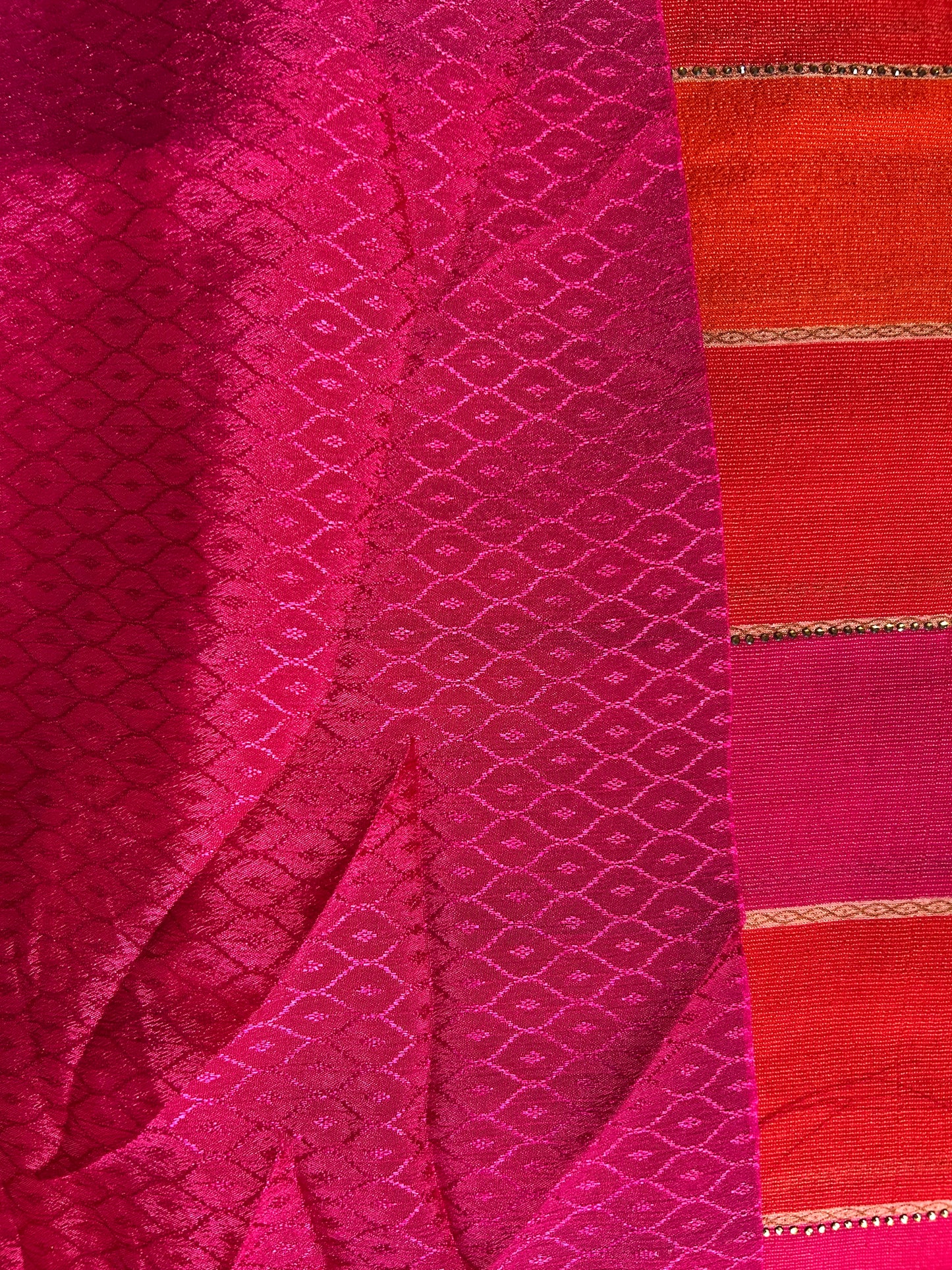 Pink-orange stripes crepe saree