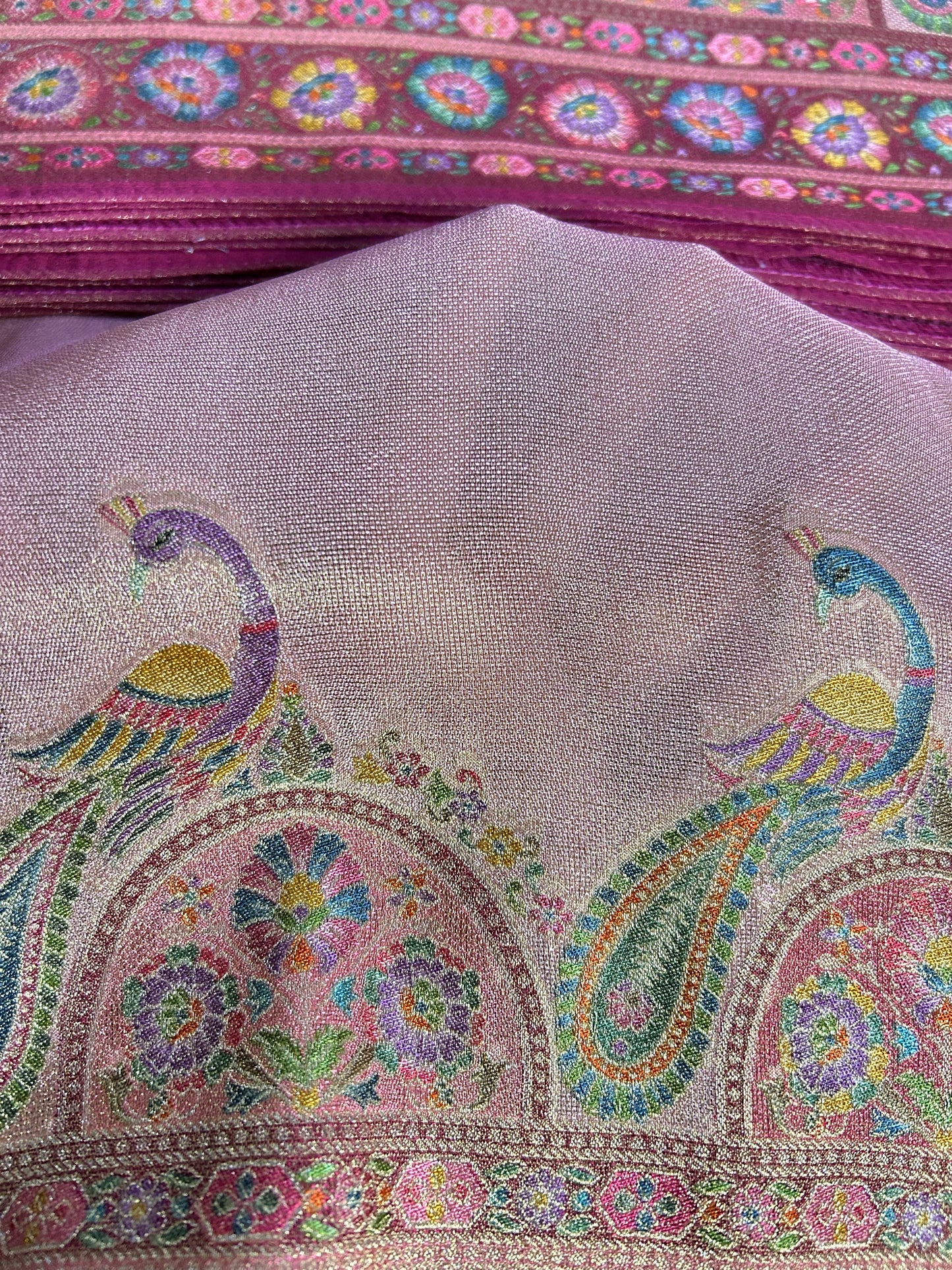 Pink tissue pashmina saree