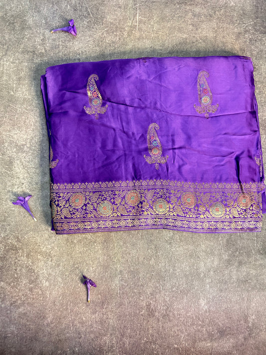 Purple satin Banarasi saree