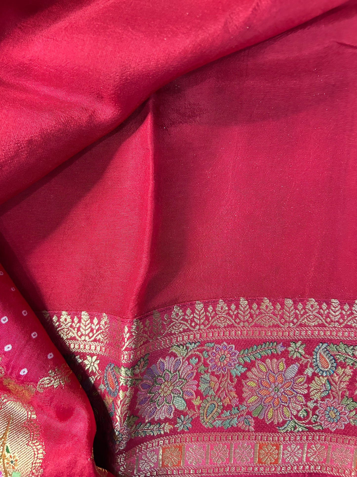 Reddish Pink satin crepe Banarasi saree