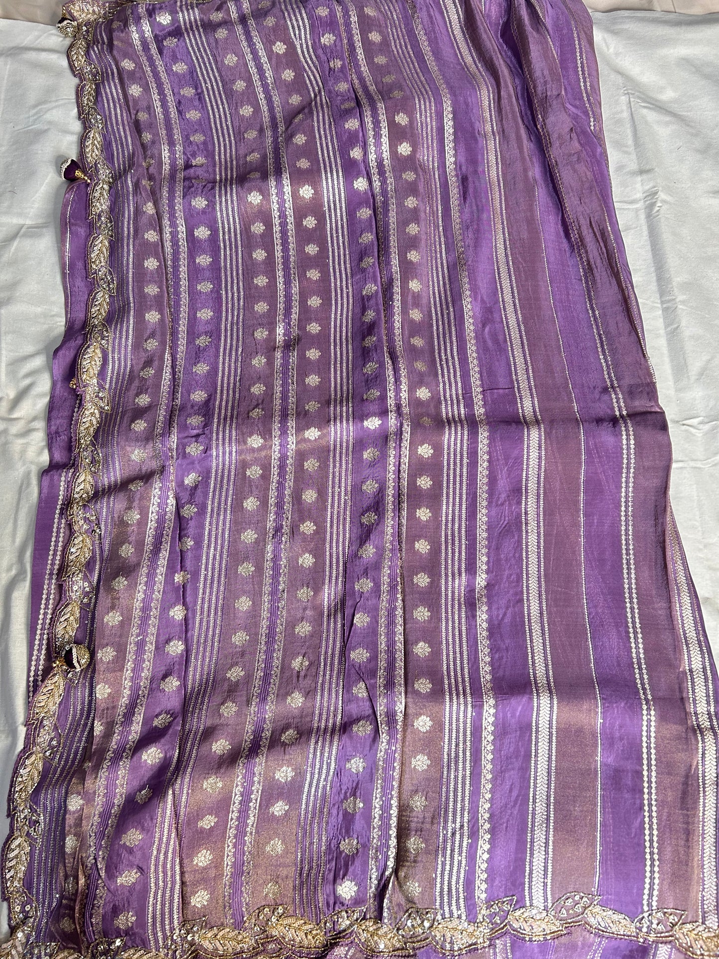 Lavender stripes chinon crepe saree