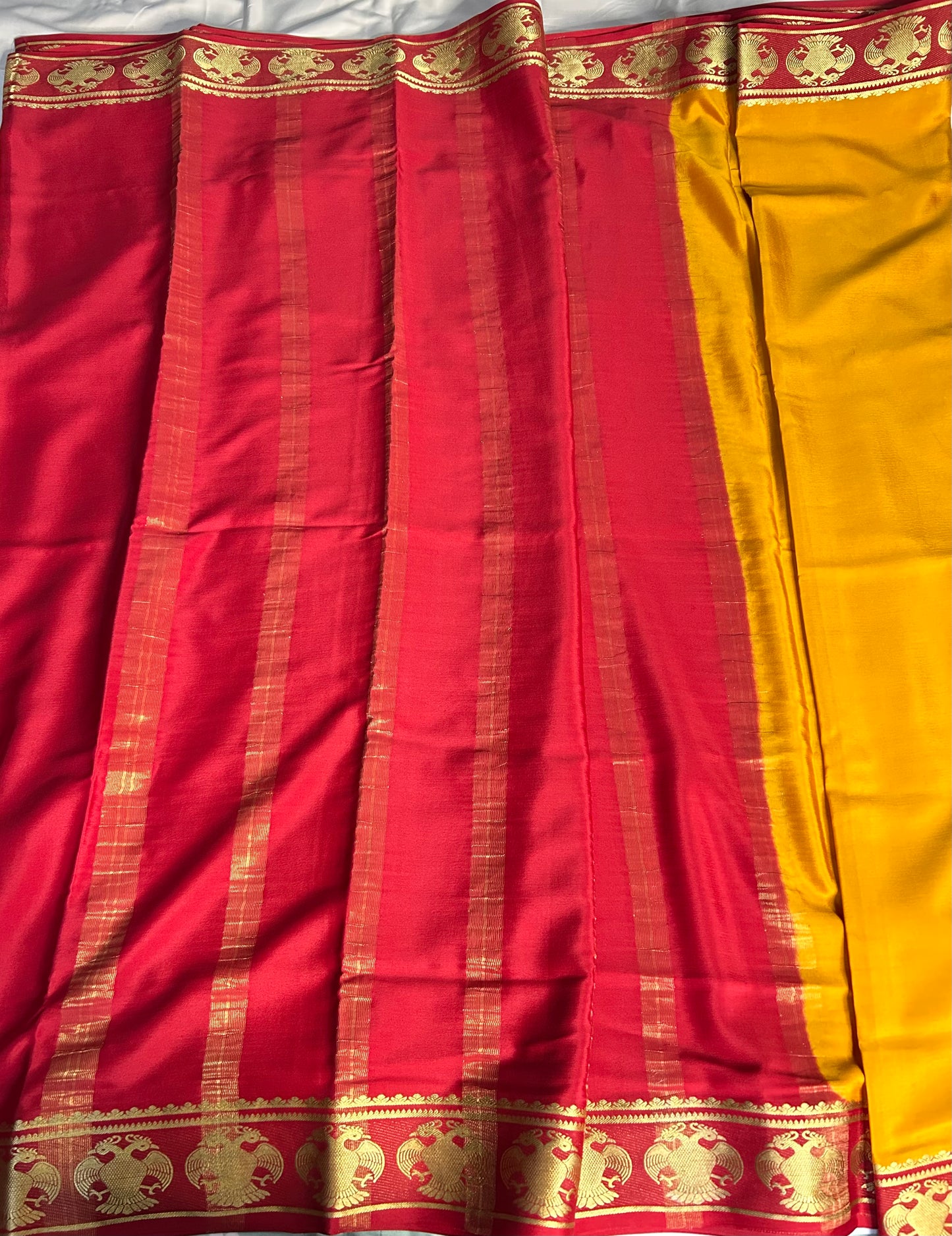 Yellow-red gandaberunda pure Mysore silk saree
