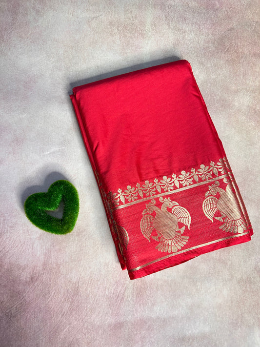 Red gandaberunda crepe Mysore silk saree