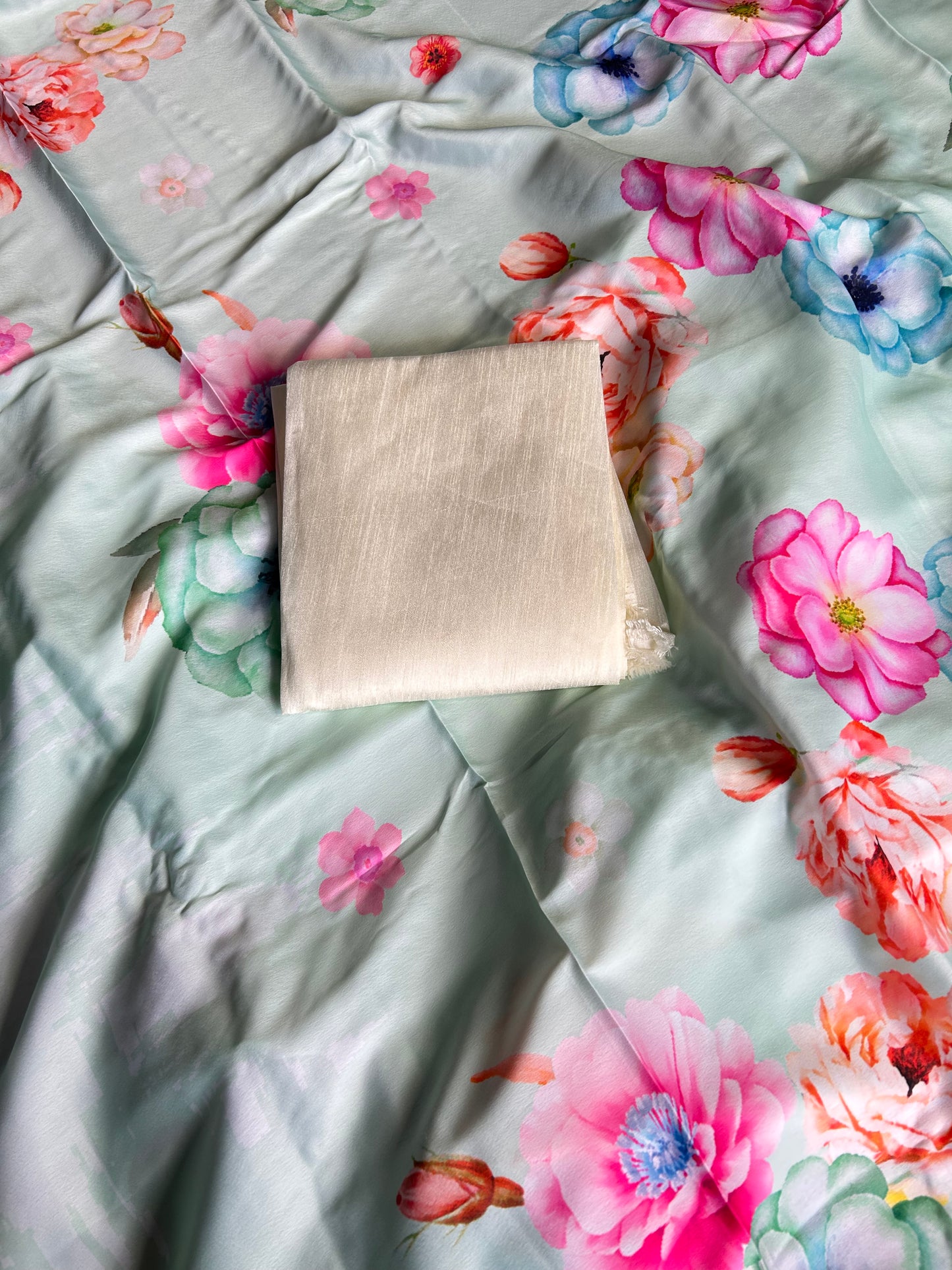 Cyan Blue floral satin saree