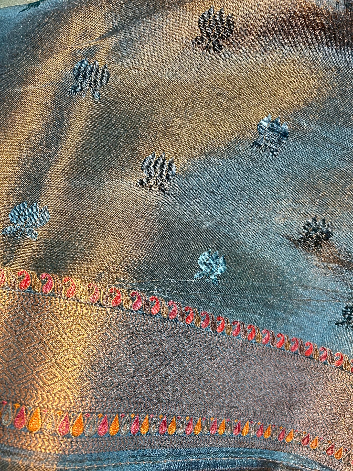 Blue tissue crepe pashmina saree
