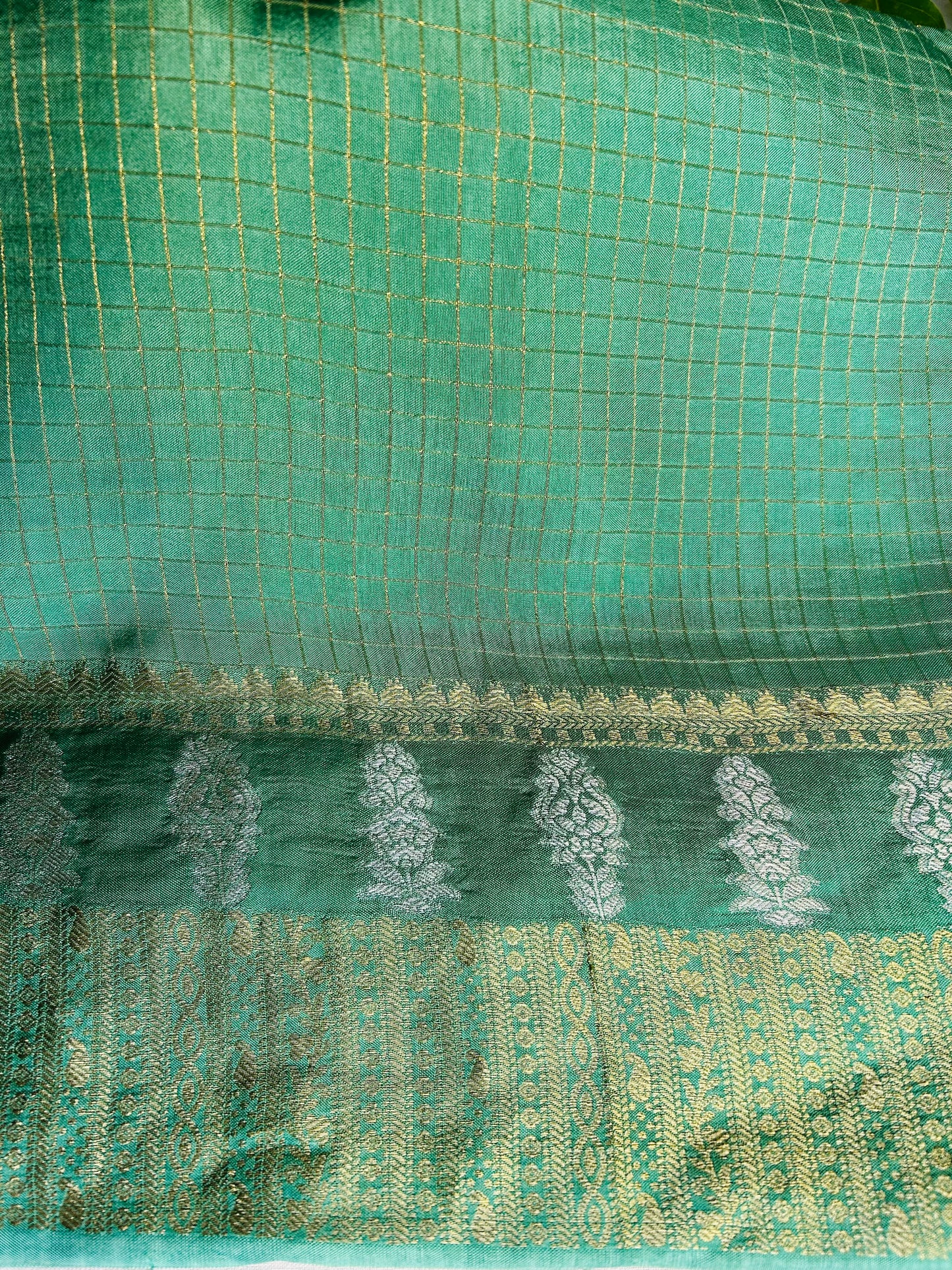 Green checks crepe saree