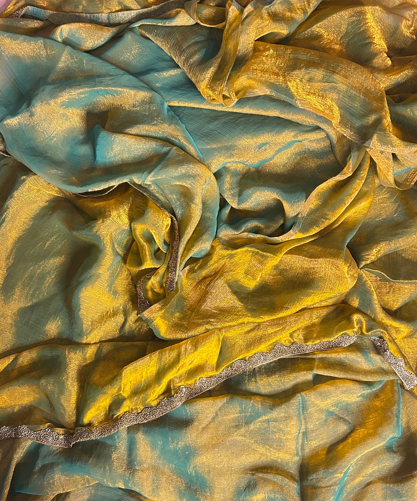 Gold green crush crepe saree