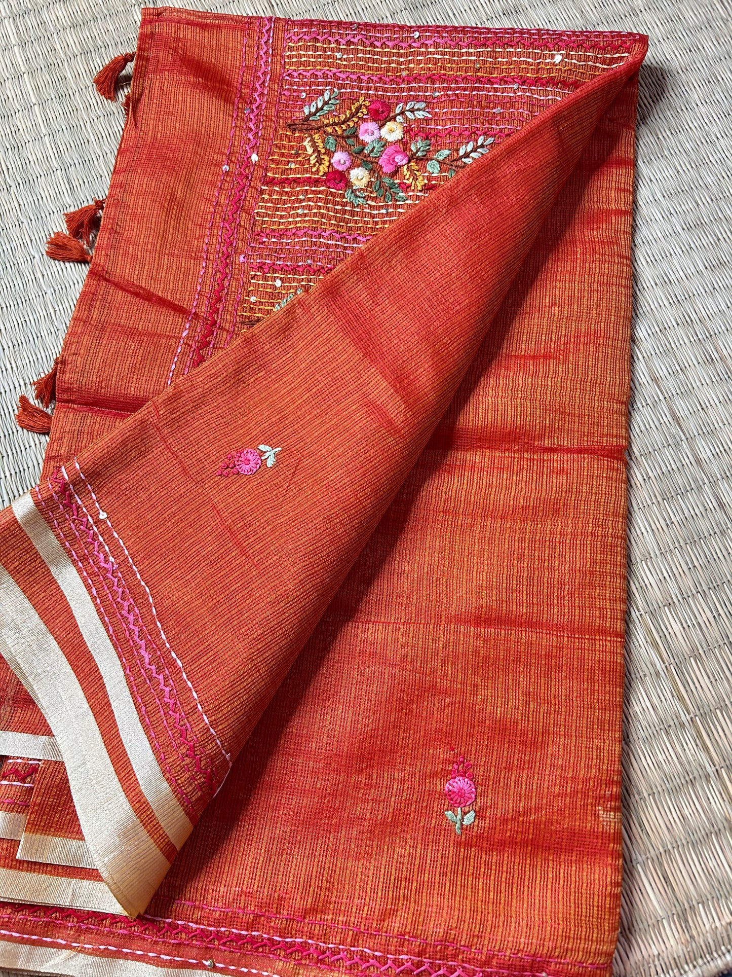 Orange Kota Doria saree with thread work