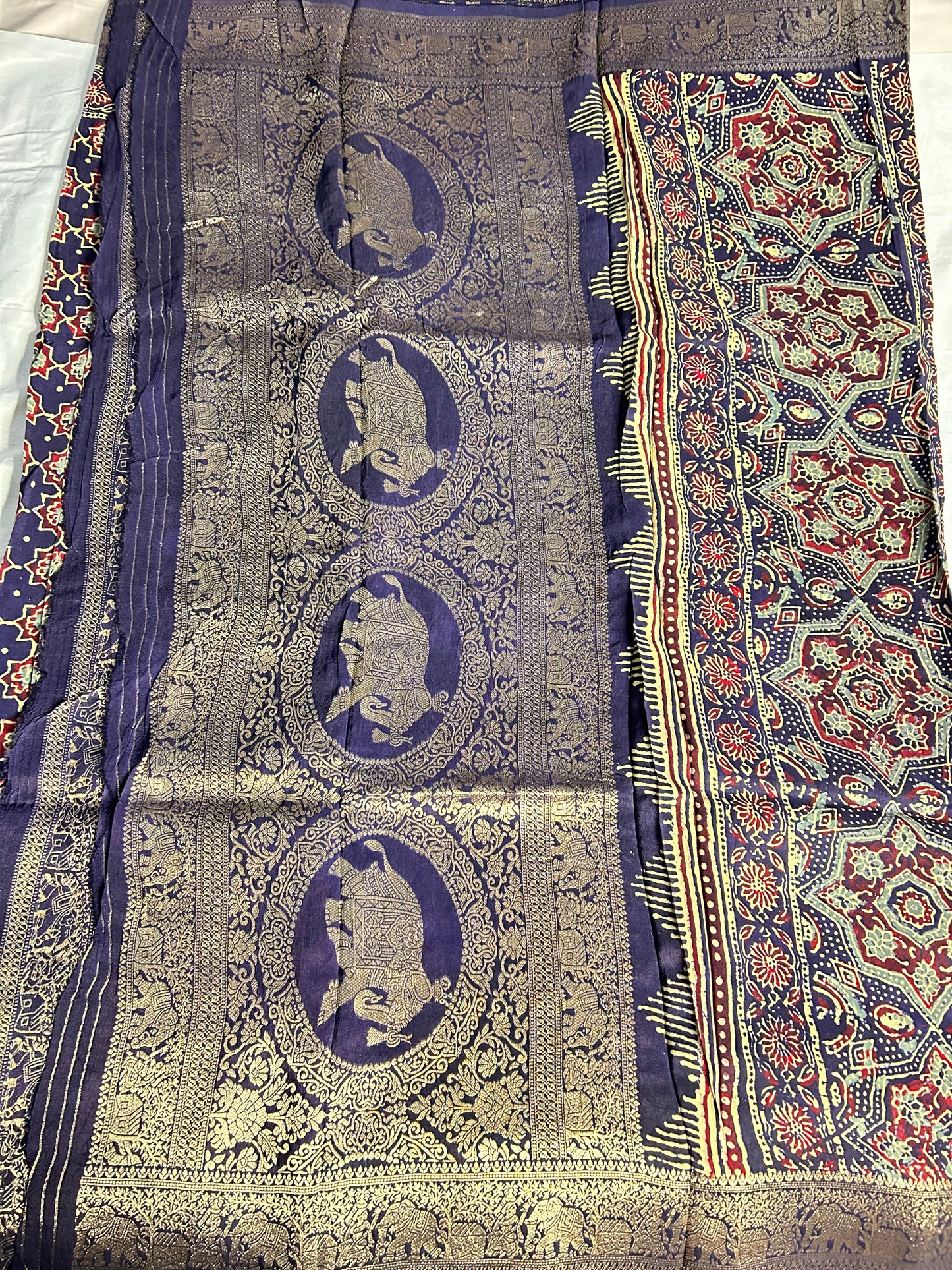 Blue Ajrakh Dola silk saree
