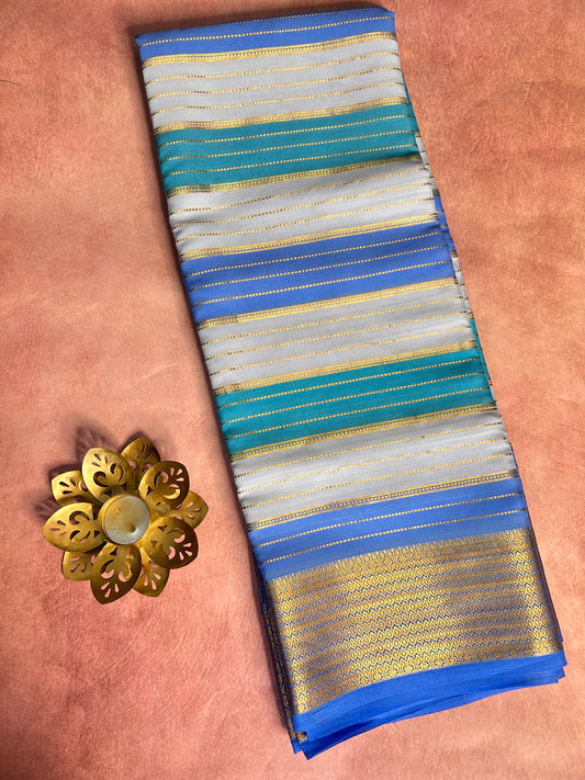 Blue brush dye pure Mysore silk saree