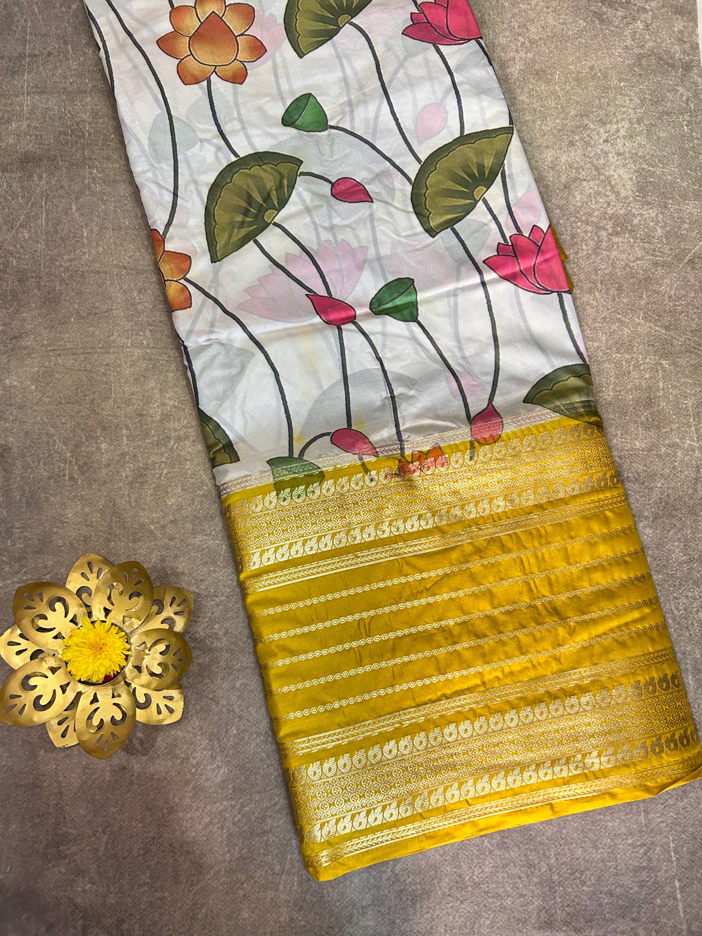 White kalamkari semi Mysore silk crepe saree