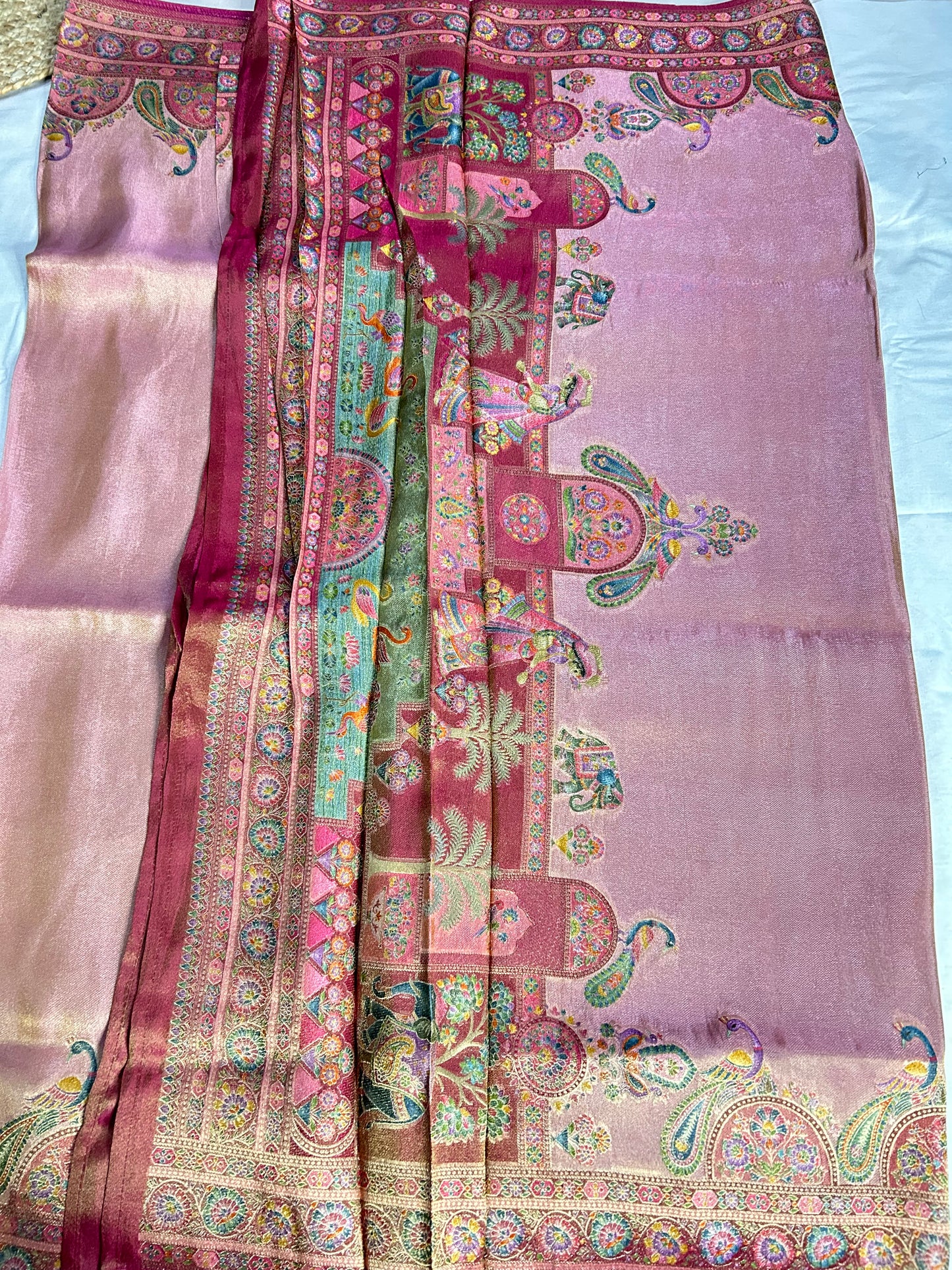 Pink tissue pashmina saree