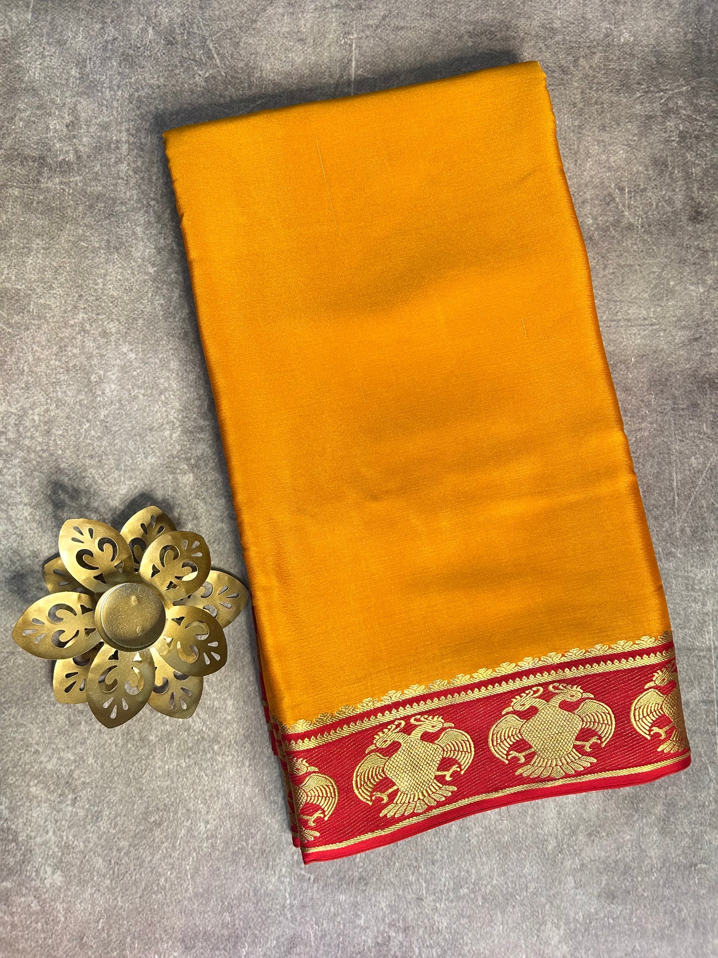 Yellow-red gandaberunda pure Mysore silk saree