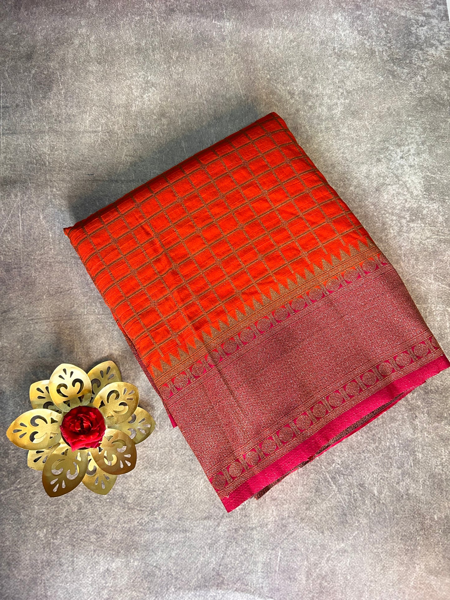 Orange checks khadi georgette Banarasi saree
