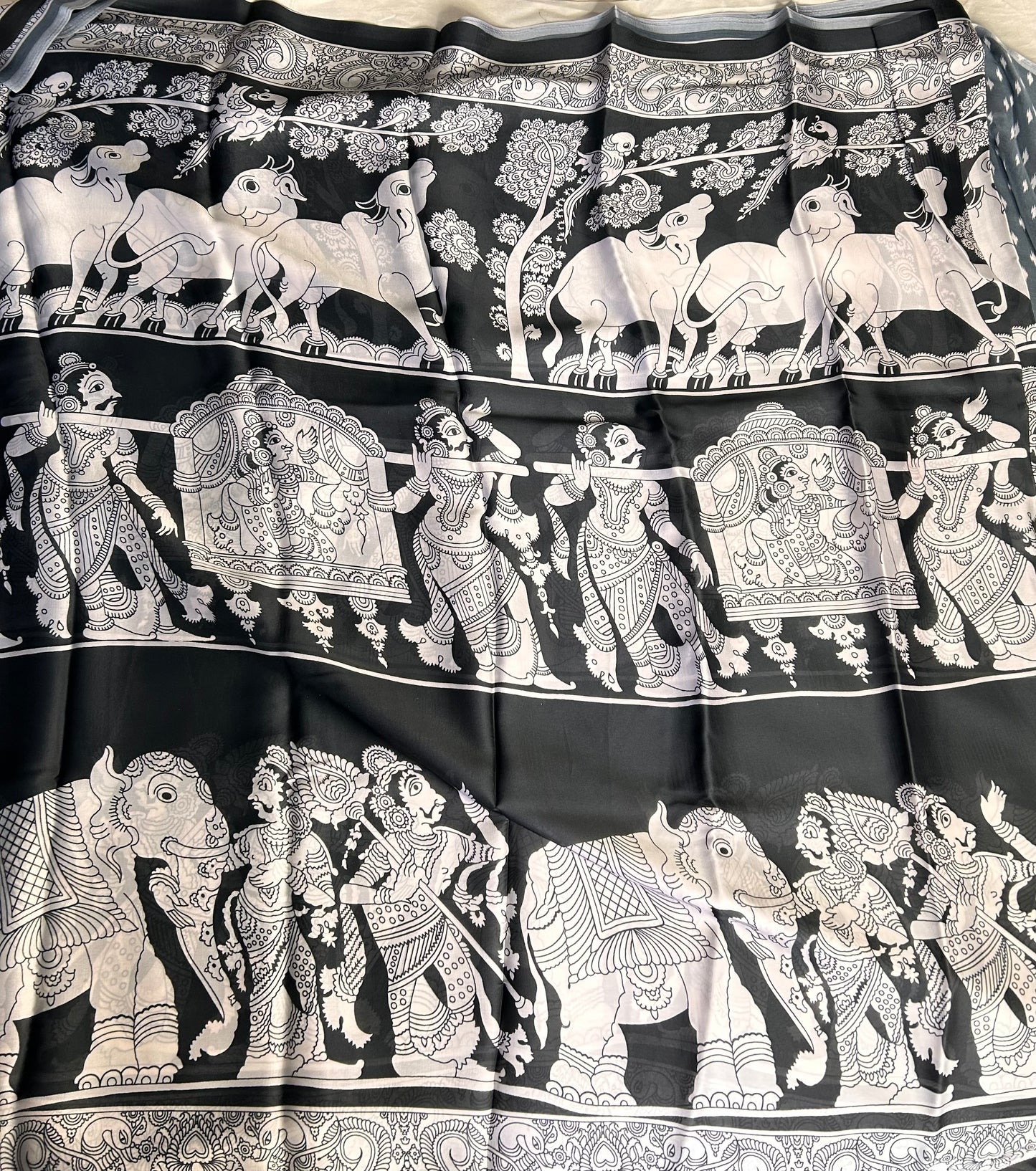 Black & white kalamkari crepe saree
