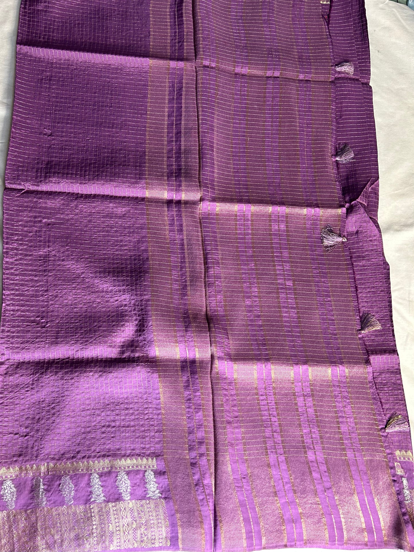 Purple checks crepe saree