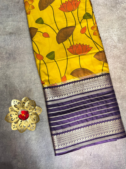 Yellow kalamkari semi Mysore silk crepe saree