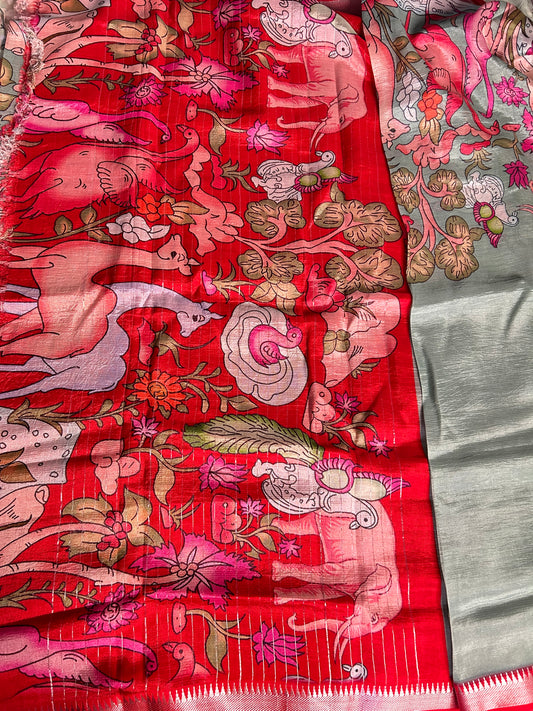 Ash blue digital print mangalgiri crepe saree