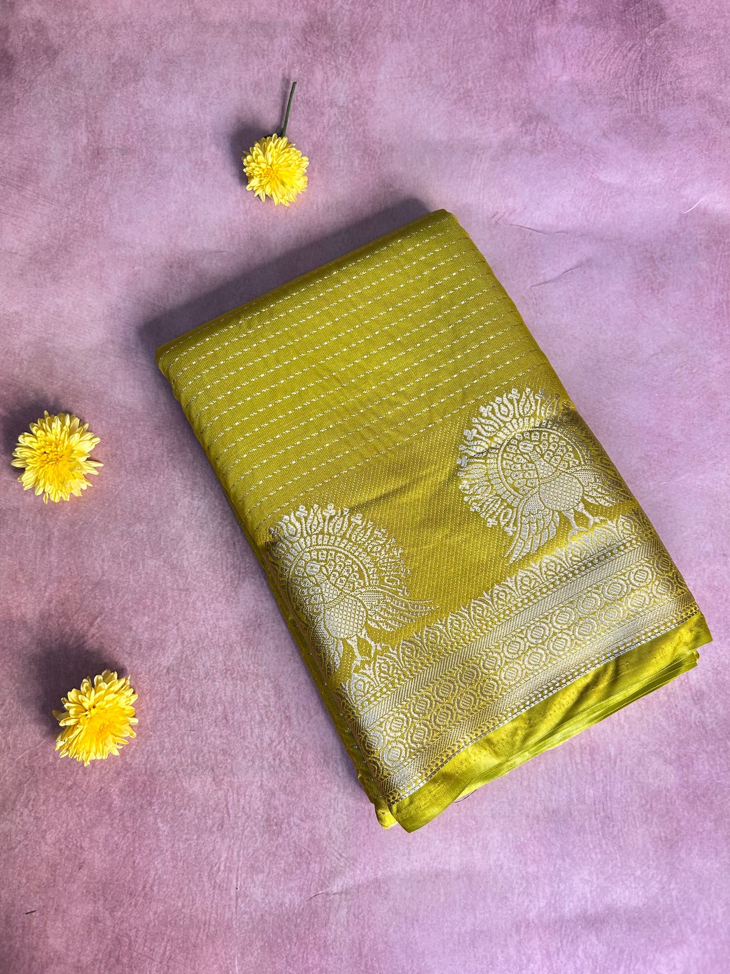Yellow stripes raw silk crepe saree