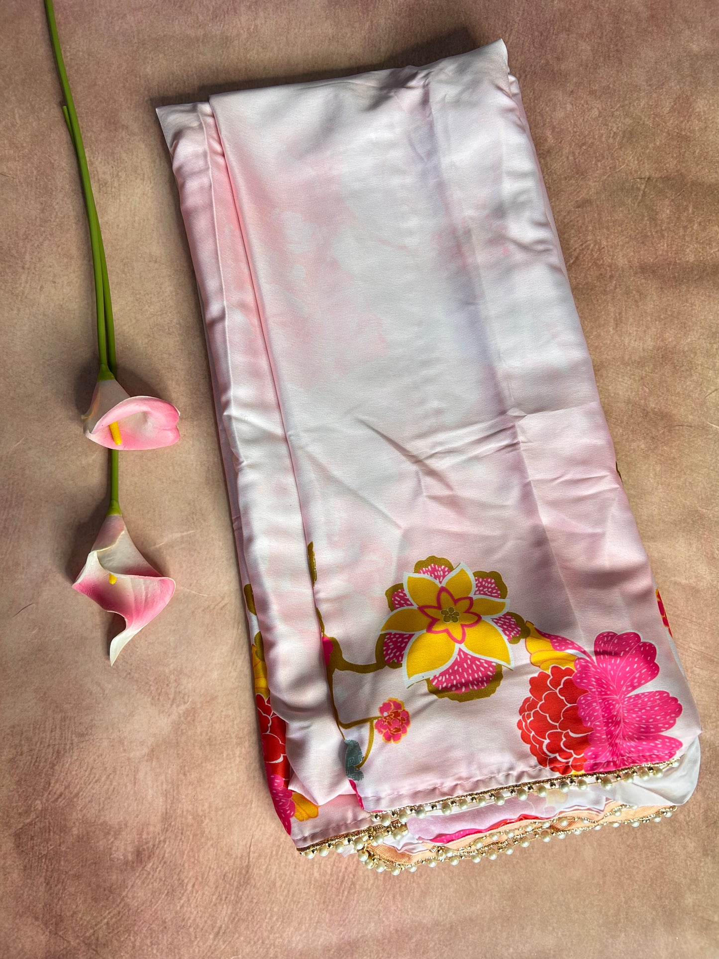 Pink floral satin saree