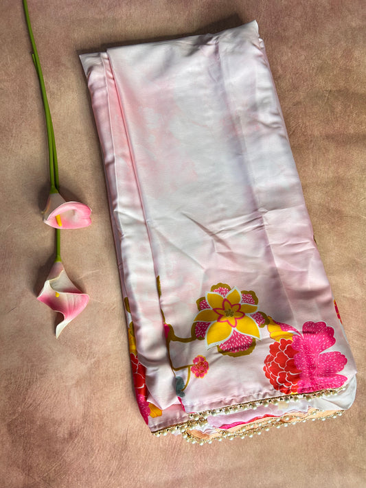 Pink floral satin saree