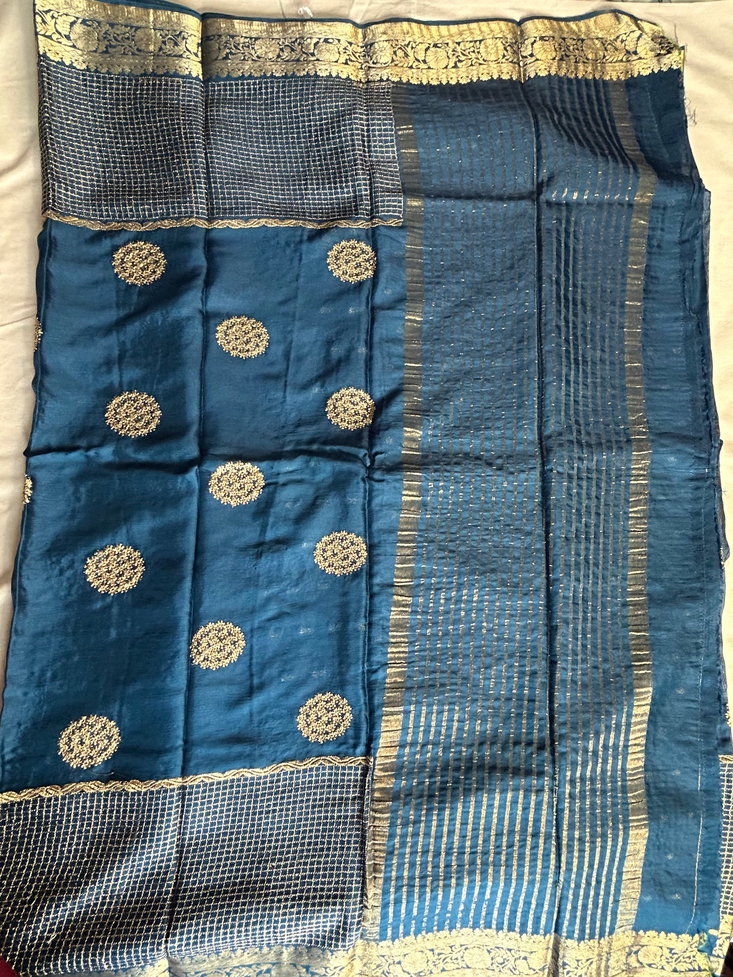 Teal blue chinon crepe saree