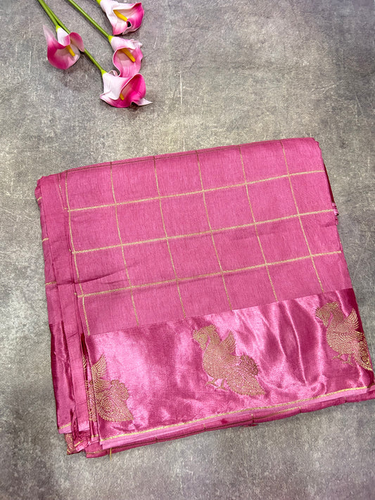 Pink checks crepe saree