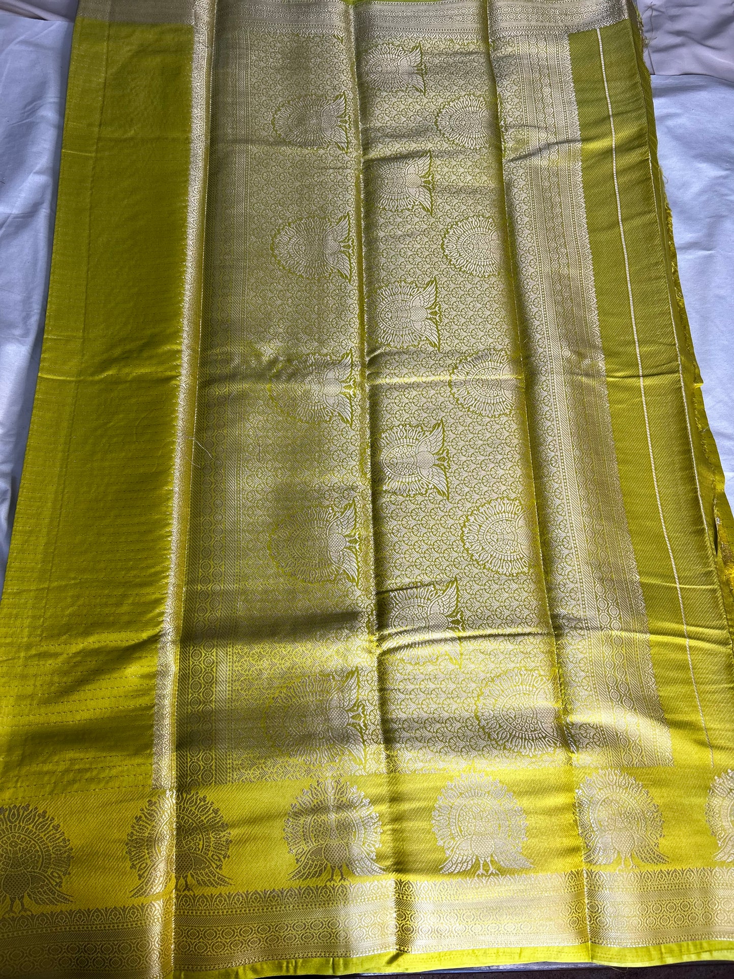 Yellow stripes raw silk crepe saree