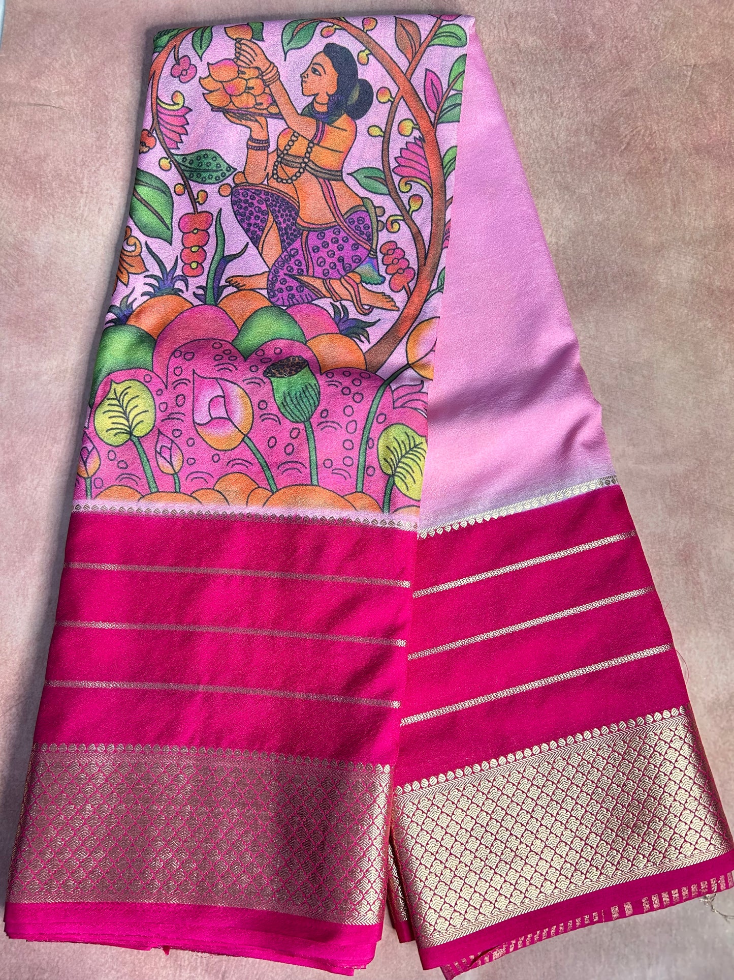 Pink crepe Mysore silk saree