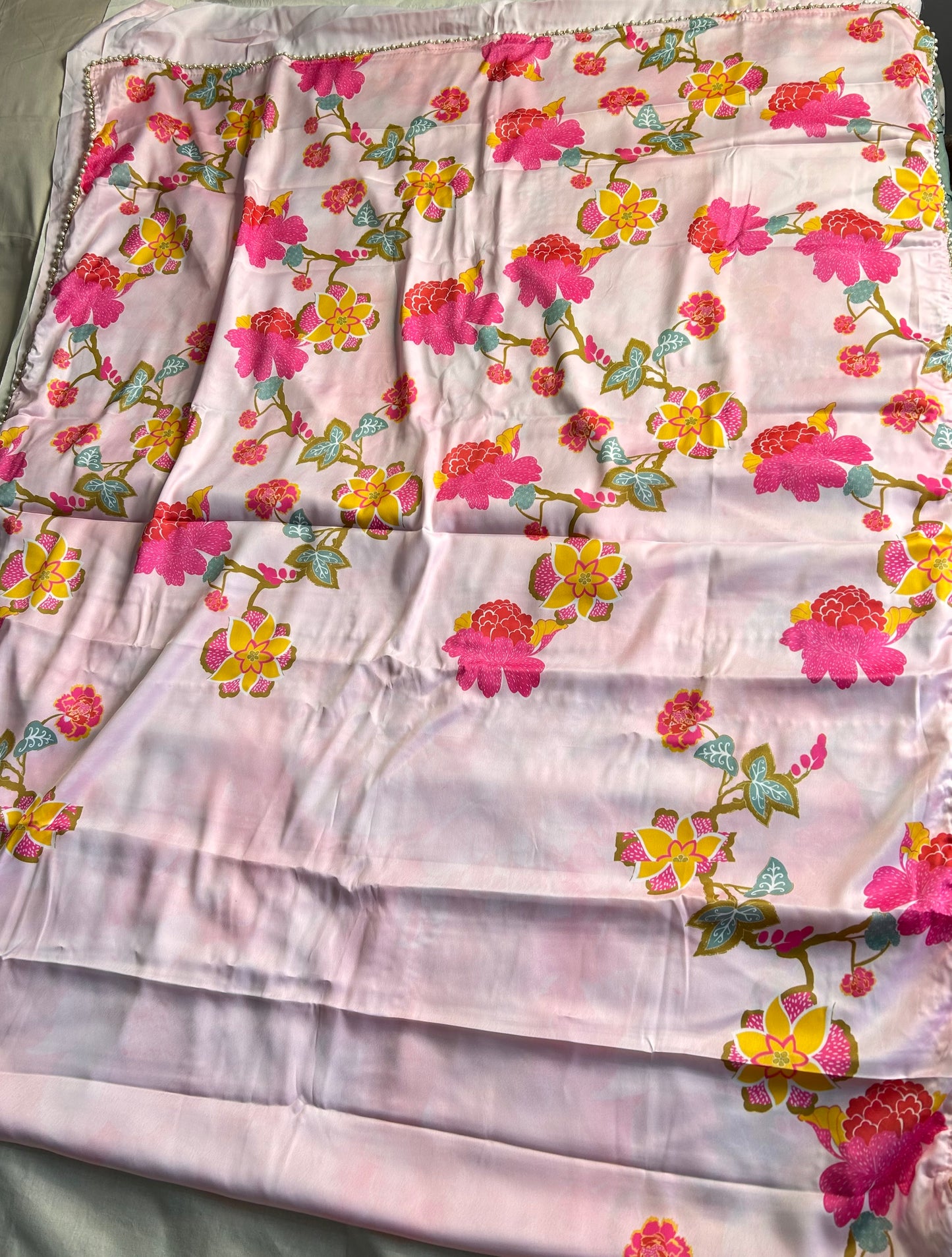 Pink floral satin saree