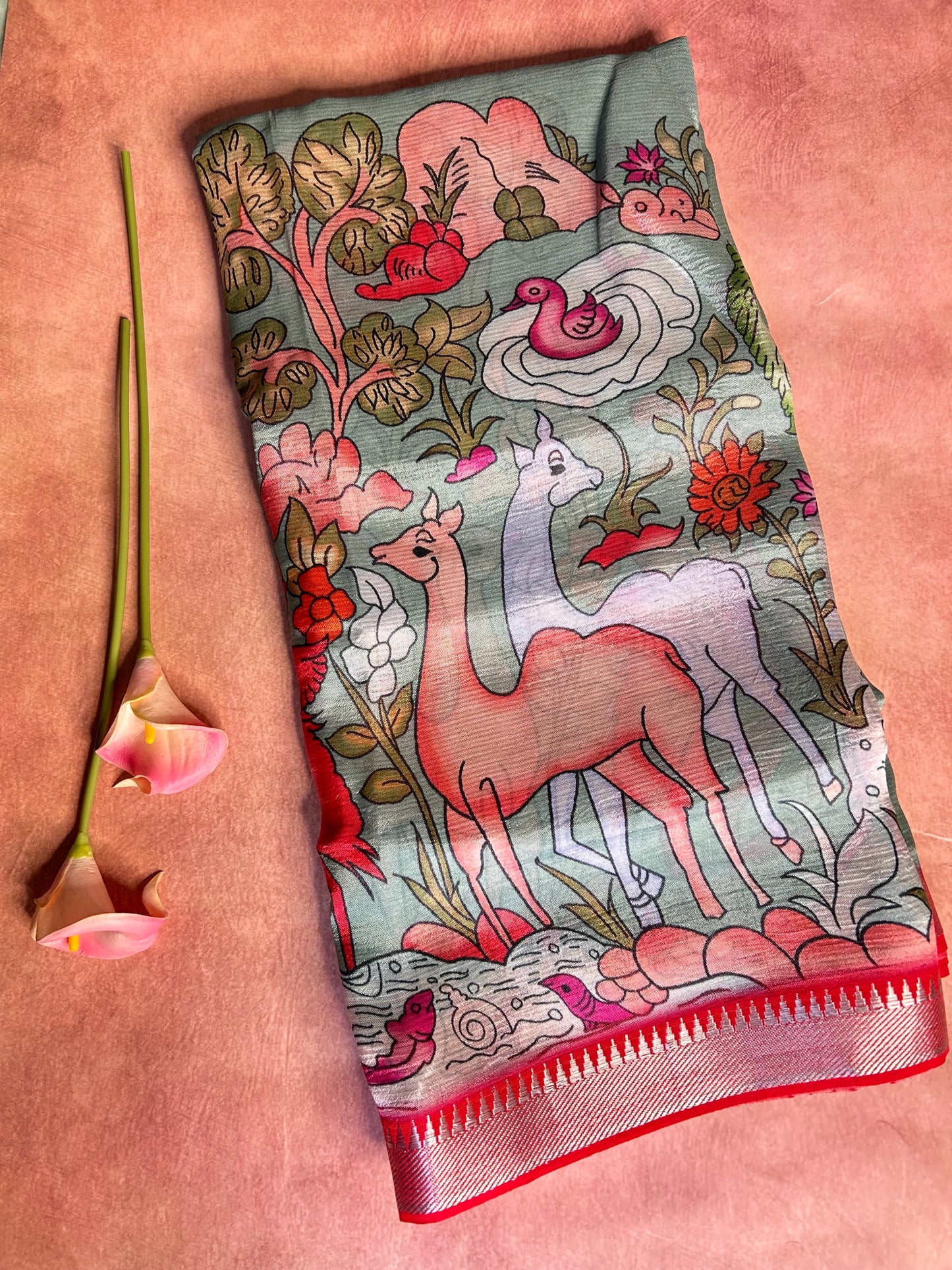 Ash blue digital print mangalgiri crepe saree