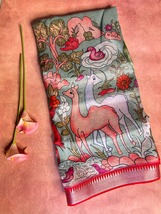 Ash blue digital print mangalgiri crepe saree