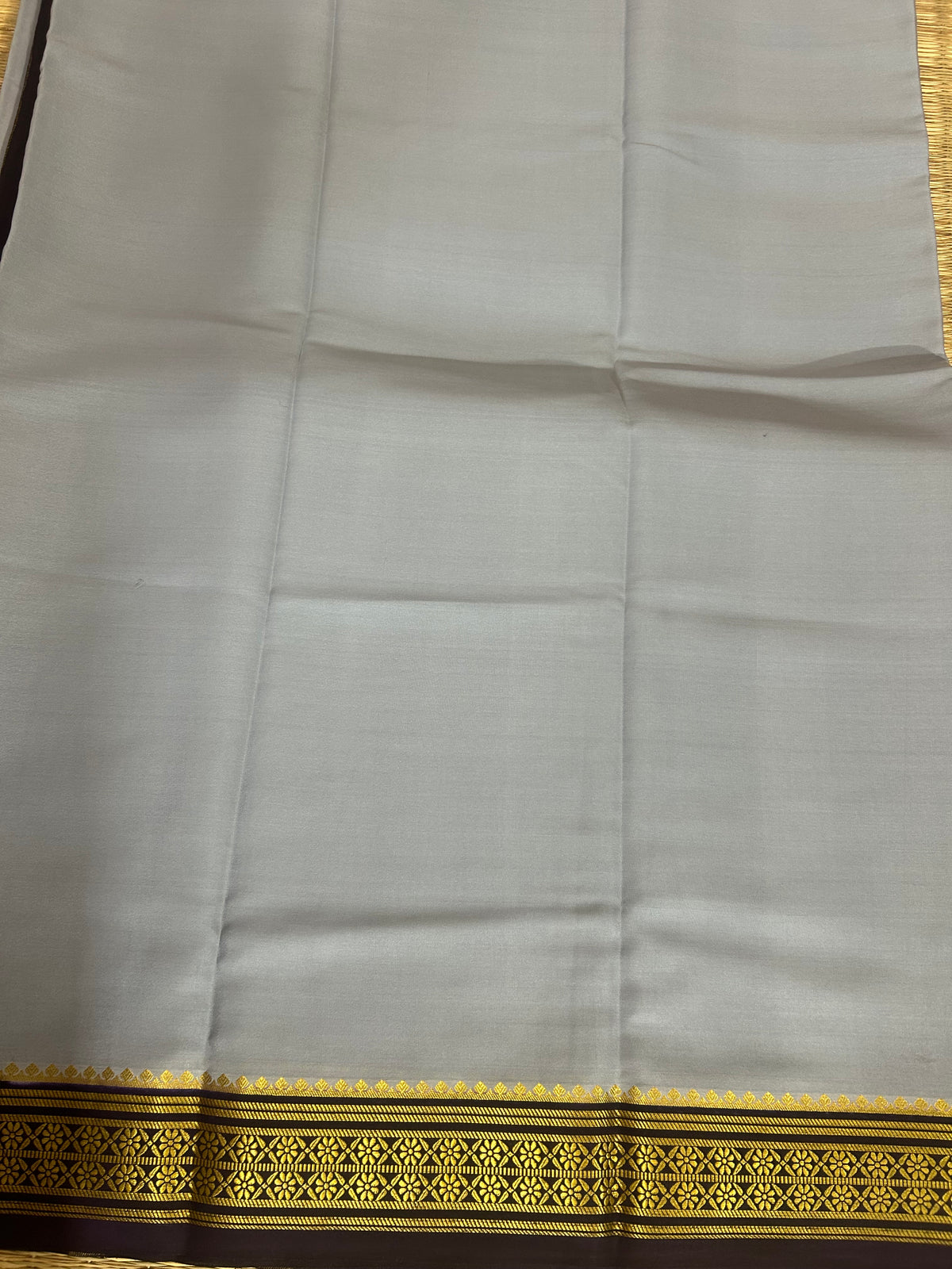 Blue-grey with brown border pure Mysore crepe silk saree