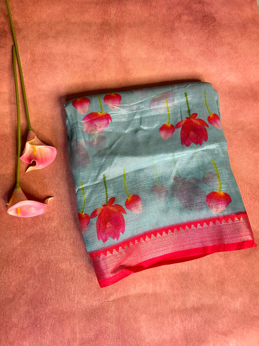 Blue digital print mangalgiri crepe saree